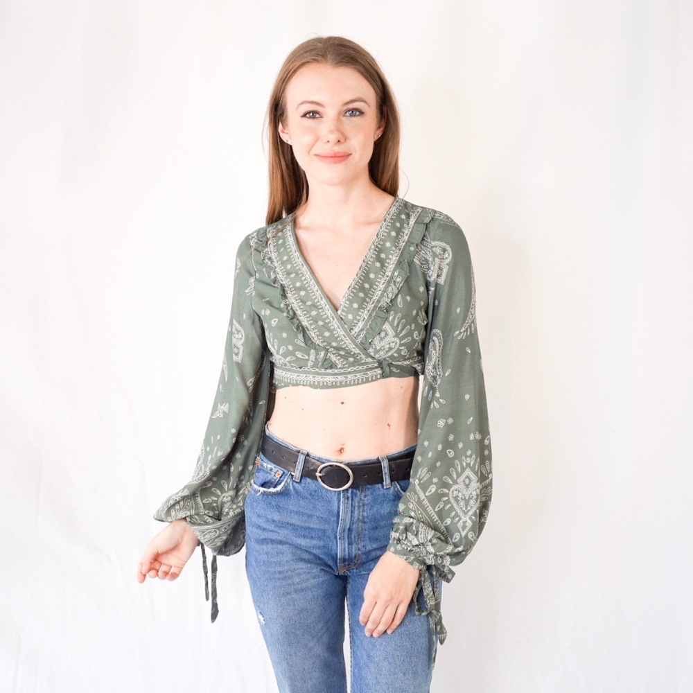 JAASE Constance Print Long Sleeve Wrap Crop Top